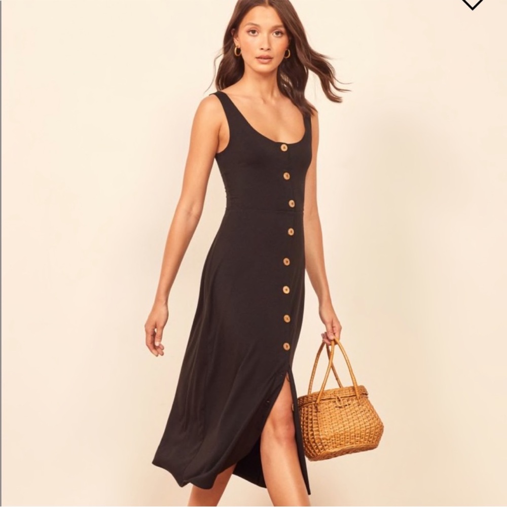 Reformation Black Midi Dress with Gold Buttons